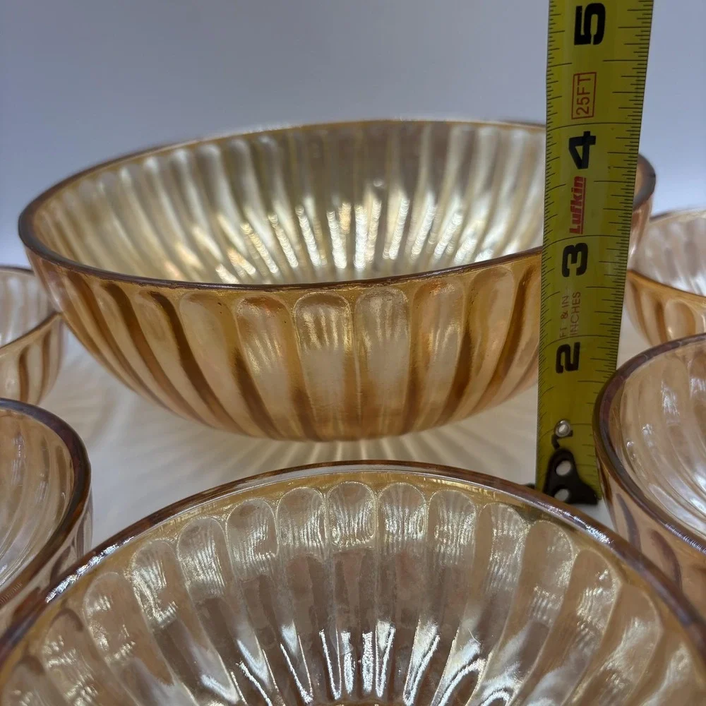 Gold Carnival Glass Salad Serving Bowl Set Ribbed‎ Art Deco 6 Piece Unmarked
